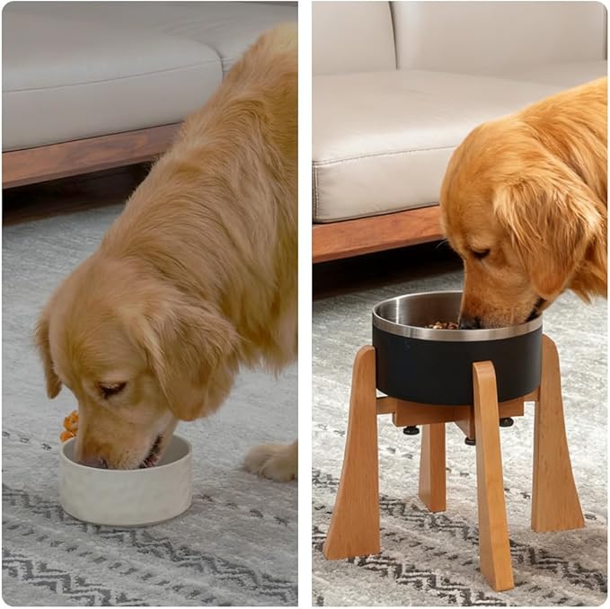 Beech Dog Bowl Stand for Medium Large Dogs,Elevated Feeder Large Breeds,Raised Bowl Stand，Adjustable Width for Different Bowls,Feeding Station with Non-Slip Feet (10-inch High with Bowl)