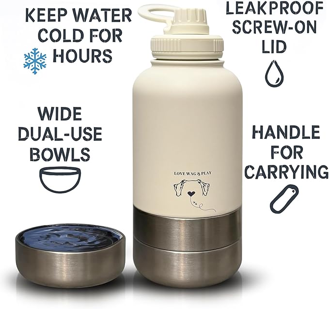 Love Wag & Play Dog Water Bottle Portable – 2 in 1 Stainless Steel Bowl for Food, Water – Leakproof Portable Water Bowl for Dog with Carry Loop – Detachable Design – Ideal for Kibble, Treats - Blue