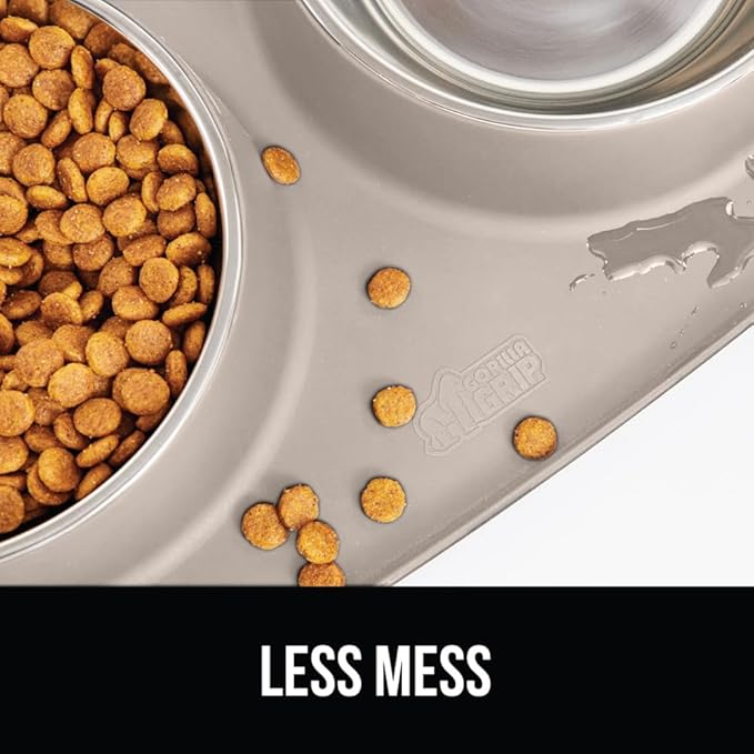 GORILLA GRIP Feeding Mat Set, Patent Pending 100% Waterproof BPA Free Silicone, Stainless Steel Cat and Dog Bowls, Slip Resistant, High Edges Catch Water Food, US Designed Pet Accessories, 2 Cup Beige