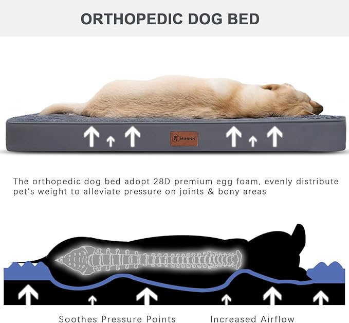 MIHIKK Waterproof Extra Large Dog Bed Orthopedic Dog Beds for Crate with Removable Washable Cover Egg-Crate Foam Pet Pad Mat with Anti-Slip Bottom, 47x29 Inch, Grey