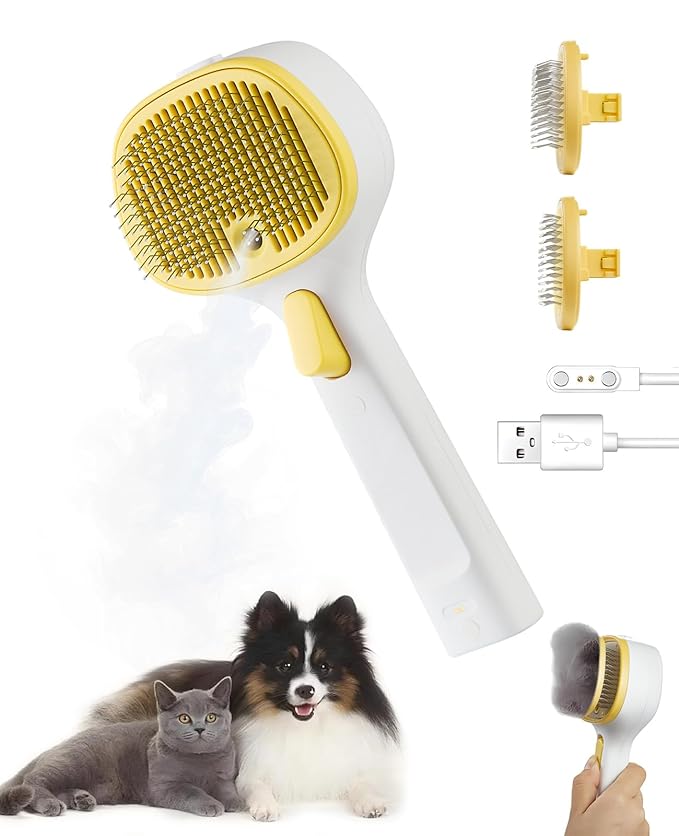 3-in-1 Anti-static Cat Steam Brush & Deshedding Tool - Cat Brush for Long/Short Hair, Reduces 95% Shedding, Easy Clean Grooming Supplies for Pet Owners (Yellow - Short Head and Long Head)