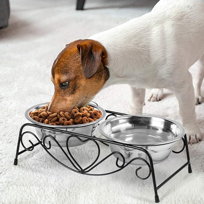 Raised Dog Bowls, Stainless Steel Double Pet Food Feeder Cat Water Dispenser Dish Bowls with Retro Iron Stand for Small or Medium Dogs Cats Puppy