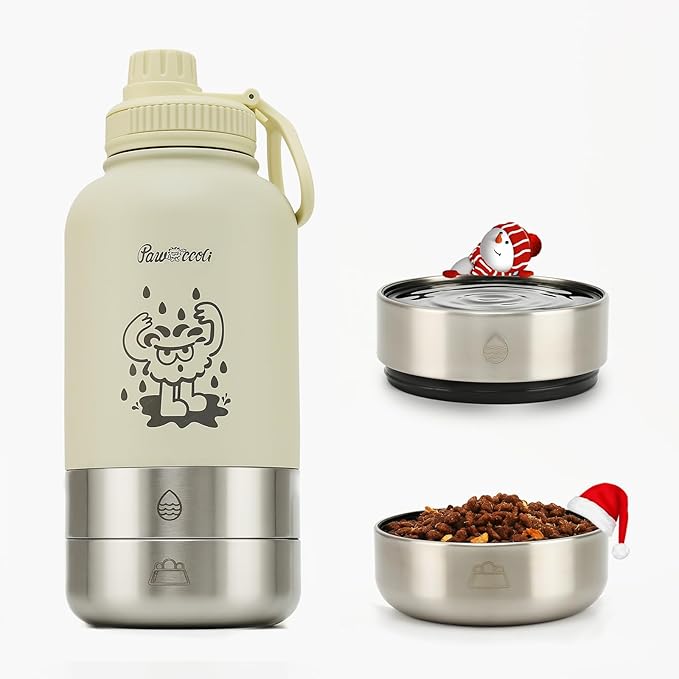 34oz Dog Water Bottle, Stainless Steel Dog Water Bottle Dispenser with Detachable Food & Water Bowls, Keeps Water Hot/Cold, for Walking, Hiking, Camping(Cream)