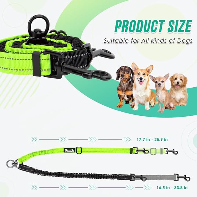 Two Dog Lead, 2 in 1 Upgraded Double Dog Leash Attachment Combine Adjustable Strap and Shock Absorbing Bungee No Tangle Dual Training Splitter for Different Size Dogs