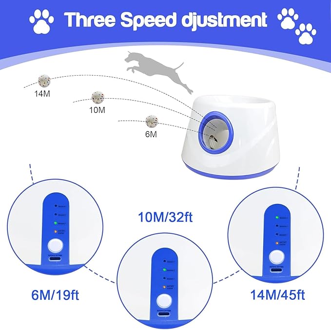 RERBIO Dog Ball Thrower Launcher, Automatic Ball Launcher for Dogs, 3 Adjustable Distance Settings, Indoor Outdoor Interactive Toy, with 3 2.3-inch Balls, Small/Medium Sized Dog Thrower