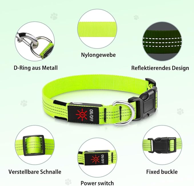 DOMIGLOW Light Up Dog Collars - USB Rechargeable Reflective LED Dog Collar, Water-Resistant Glow Pet Collar Lights for Night Walking Camping (Green, Medium)