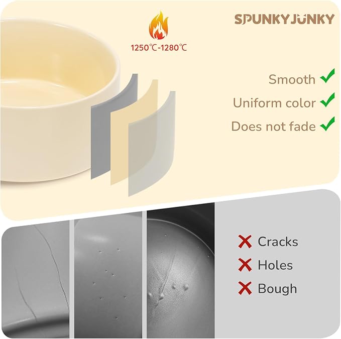 SPUNKYJUNKY 42OZ Ceramic Dog and Cat Bowl, Modern Cute Weighted Food Water Bowl for Replacement Beige (2 Pack)