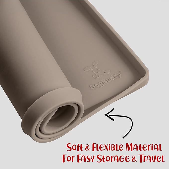 DogBuddy Dog Food Mat – Waterproof Dog Bowl Mat for Food and Water, Silicone Pet Feeding Mats for Floors, Non-Slip Placemat with High Edges for Dogs Bowls, Puppy Essentials (XL: 28" x 18", Taupe)