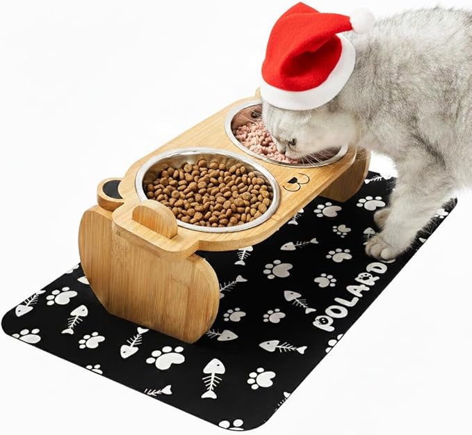 Tilted Elevated Cat Bowls with Food Mat: Removable Stainless Steel Pet Dishes with Bamboo Raised Stand for Cats and Small Dog | Anti Vomiting Whisker Friendly Dishwasher Safe