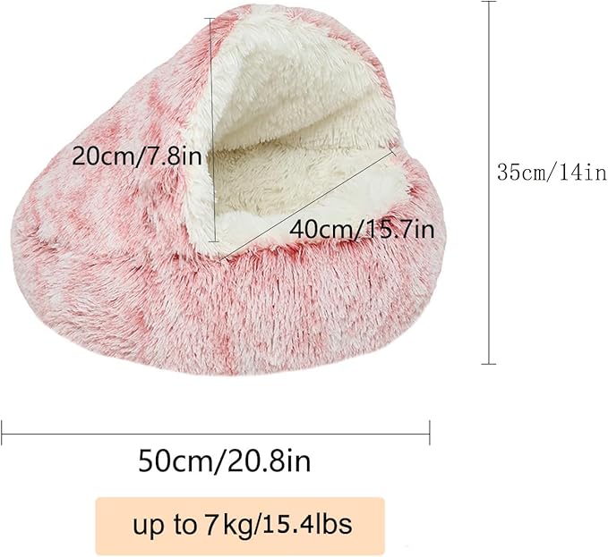 Anti-Anxiety Cat Bed, Plush Hooded Cave, 20 in Diameter, Suitable for Small to Medium Pets, Pink
