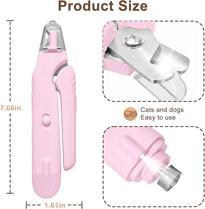 2-in-1 Dog Nail Clippers and Cat Nail Clippers with Light, Quick Sensor and Safety Guard, USB Rechargeable Pet Nail Trimmer with 2 LED Lights for Large Medium Small Dogs and Cats (Pink)