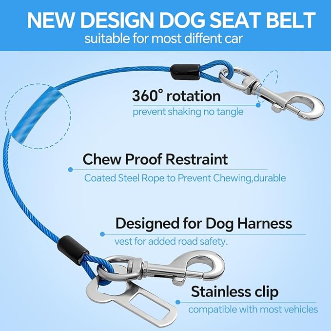 2 Pcs Car Seat Belt Harness for Dog, Dog Seatbelt Clips of Coated Wire Leash Safety Restraint, Metal No Chew Tether Cable Vehicle Dogs Accessories,Double Clips & Buckle Latch (Blue)