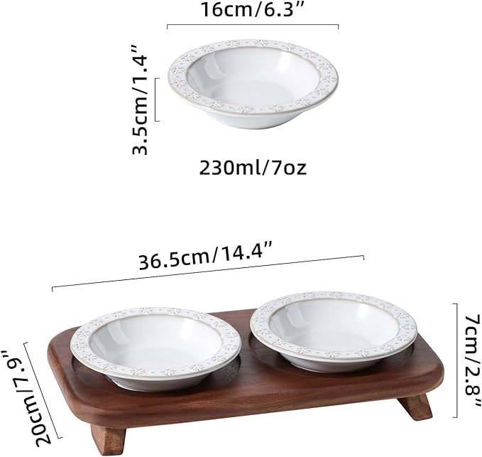 Havniva Raised Double Cat Dishes Set with Acacia Wood Stand, Ceramic Food & Water Bowls for Cats, Puppy, Kitty, Cat Feeder, Prevent Whisker Fatigue(Double Bowls+Stand, Arctic White)