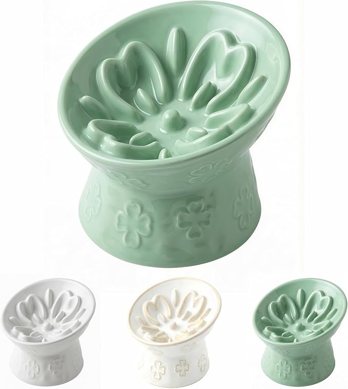 TRUVIC Ceramic Slow Feeder Cat Bowl, Elevated Cat Wet Food Bowl Tilted Design, Raised Slow Feeder Dog Bowl no Black Chin, Four-Leaf Clover Shape for Dry and Wet Food, Green