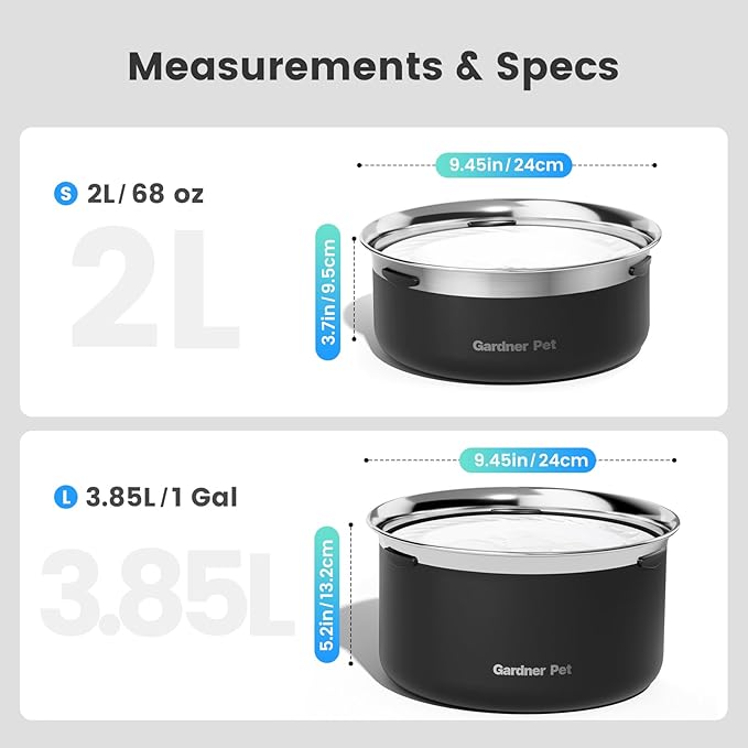 Gardner Pet Slow Water Bowl for Dogs, 2L/68oz Spill-Proof Pet Water Bowl with Floating Disk & Filter Screen, Stainless Steel No-Spill Water Dispenser for Medium Pets