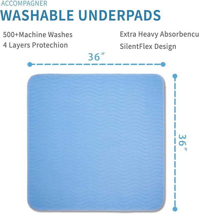 Accompagner Waterproof Reusable for Adults and Pets Washable Pee Pads for Dogs Changing Pad Large Dog Bed Size Adults Incontinence Bed Pads - Non-Slip Leak-Proof (Blue, 36"x36"(Pack of 6))