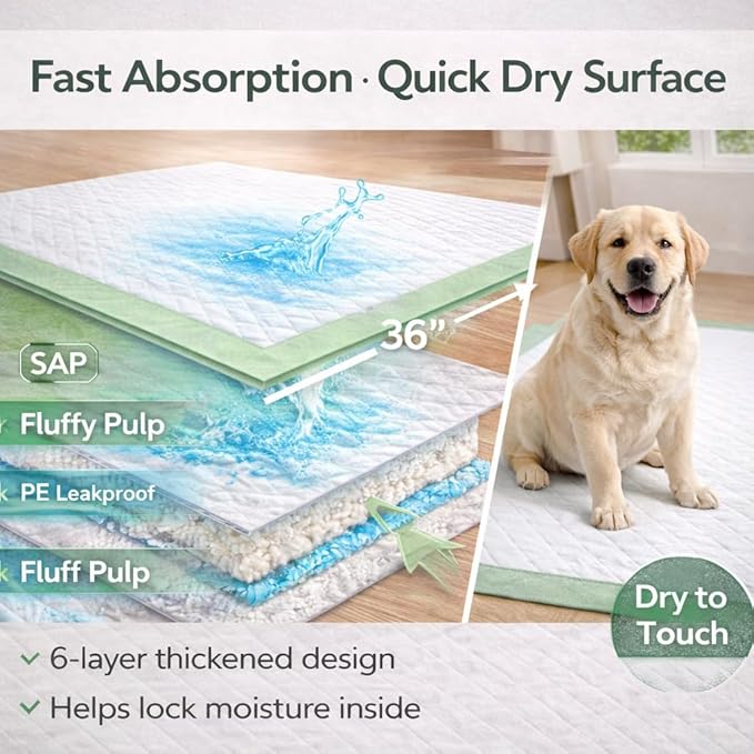 Gimars 4XL 36"x36" Thicken Heavy Absorbency Dog Pee Pad Extra Large- Jumbo Disposable Polymer Quick Dry No Leaking Pee Pads for Dogs, Cats, Rabbits Pets 45 Counts - Green