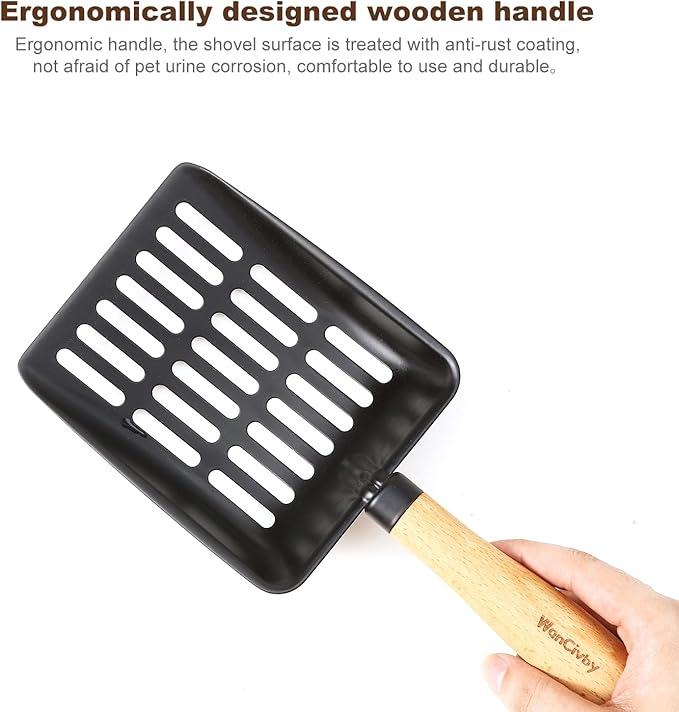 Premium Cat Litter Scoop with Ergonomic Beech Wood Handle, 4.88'' Wide-Deep Stainless Steel Sifter, Easy to Clean, Durable & Odor-Free（Short Handle）