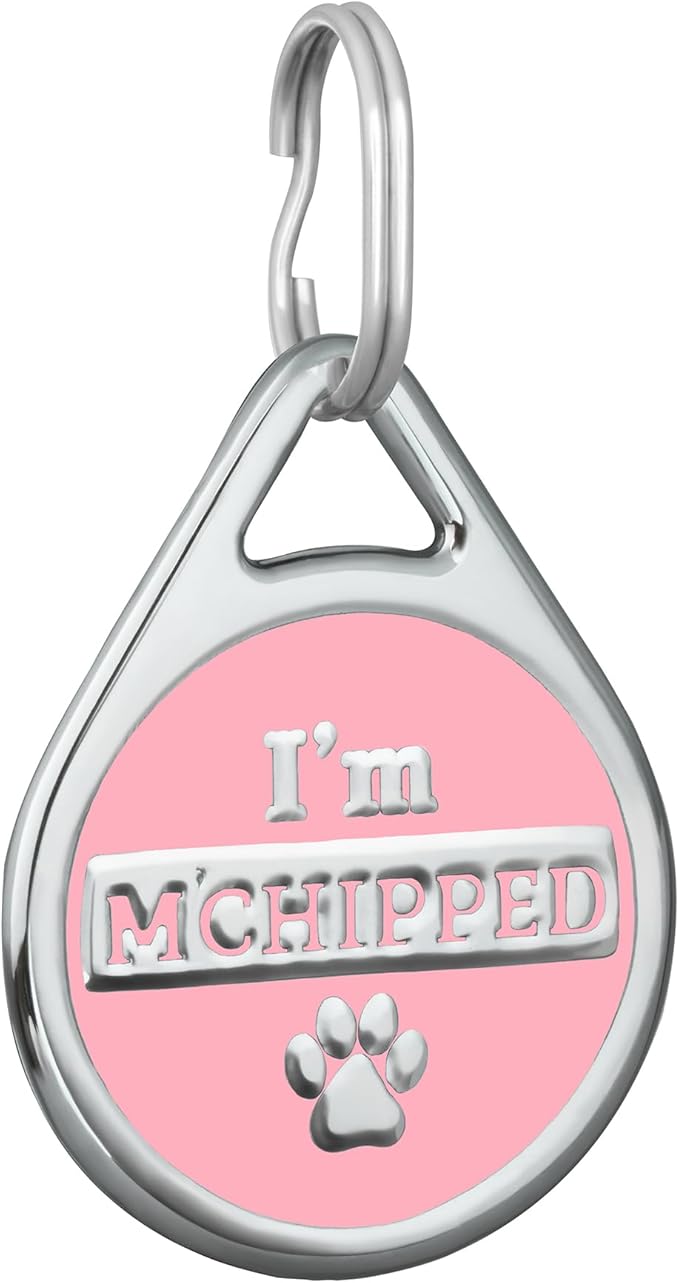 COOLDOGS I'm Microchipped Stainless Steel Enamel Pet ID Tags for Dogs and Cats, Personalized Dog Tag, Cat Tag, Pet Tag,Dog Name Tags, Cat Name Tags with Custom Deep Engraved ID (Pink, Medium)