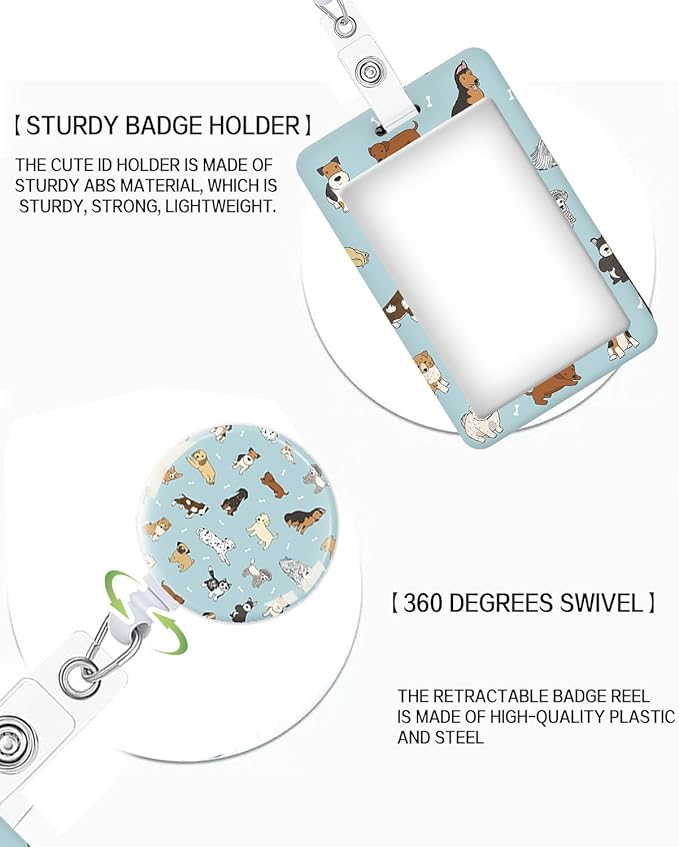 ID Badge Holder with Retractable and Detachable Lanyard, Cute Badge Reel Breakaway Lanyard with Carabiner Clip for Teachers, Nurses, Perfect Work and Office(Cute Dogs)