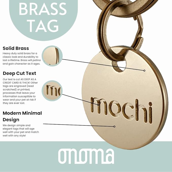 Solid Brass PET TAG - Modern, Minimal Pet IDs. Durable, Lifetime Tags with deep Cut Text. Includes Space for Two Phone Numbers. (Short)