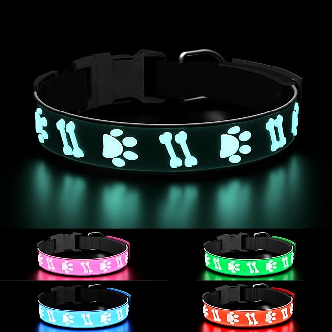 TOPOTO Dog Collar Light, 3D Design Light Up Dog Collars, Adjustable Glow in The Dark Dog Collar Rechargeable Night Walk Safety Collar for Small Dogs, Black