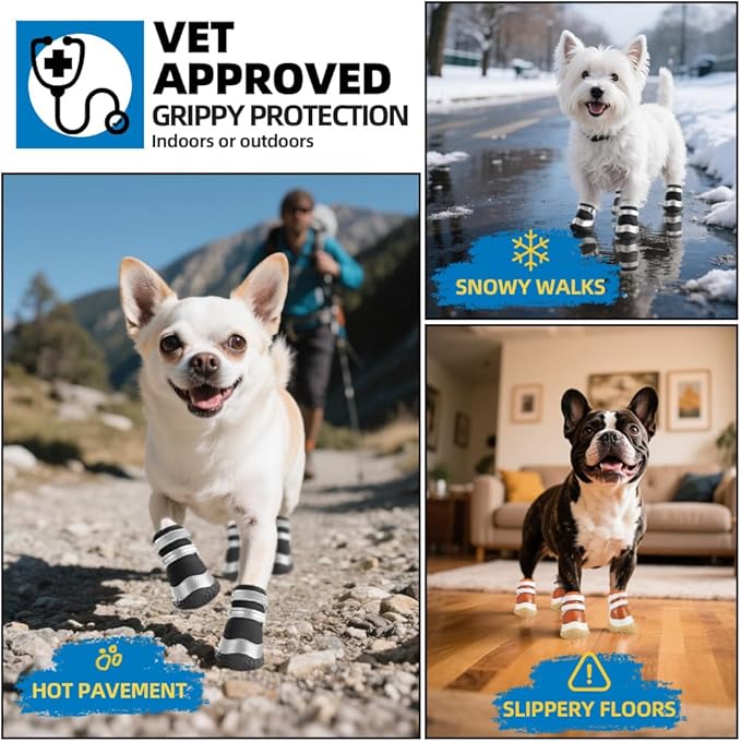 Dog Shoes for Small Dogs, Breathable Dog Boots Paw Protector for Hot Pavement Winter Snow, Dog Booties with Reflective Strips Rugged Anti-Slip Sole for Hardwood Floors Outdoor Silver Black Size 3