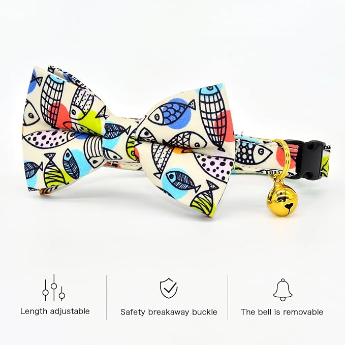 Breakaway Cat Collar Bowtie Bell, Line Fish, Wedding/Birthday Gift for Kitten