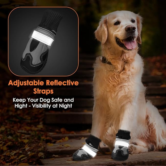 Lukovee Dog Shoes - Waterproof Warm Fleece Lined Dog Booties for Small Medium Large Dogs, Non-Slip Adjustable Dog Boot for Winter Cold Weather (GY,Size 4)