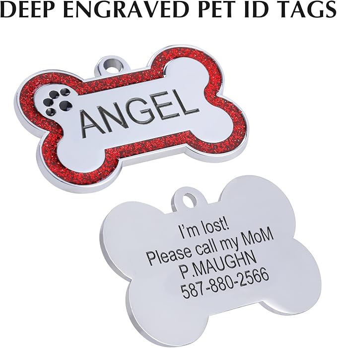 Personalized Stainless Steel Pet ID Tags with Glittery Bone Design - DEEP Engraved Dog Tags Engraved for Pets Customized with 5 Lines Dogs and Cats Pets
