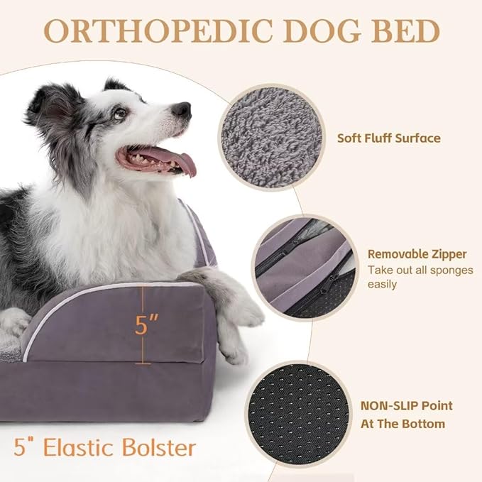 Comfort Expression Orthopedic Dog Bed for Extra Large Dogs 42x30 Inch, Waterproof Supportive Egg Crate Foam XL Pet Bed with Removable Bolsters, Dog Couch with Washable Cover & Non-Slip Bottom, Purple