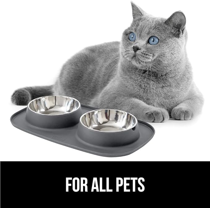 GORILLA GRIP Feeding Mat Set, Patent Pending 100% Waterproof BPA Free Silicone, Stainless Steel Cat and Dog Bowls, Slip Resistant, High Edges Catch Water Food, US Designed Pet Accessories, 1 Cup Gray