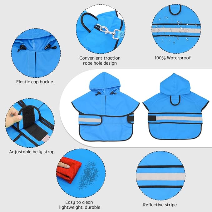 Candofly Sky Blue Waterproof Raincoat, Adjustable Reflective Hooded Poncho Dog Rain Jacket (Small)
