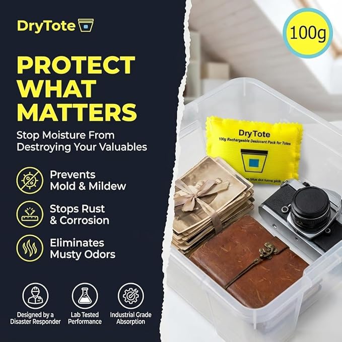 DryTote Rechargeable Desiccant Pack (Pack of 5), Ultimate Moisture Absorption, Color Change Indicator, Safe Storage Protection, Large Capacity 200 Gallons, 100g, Yellow