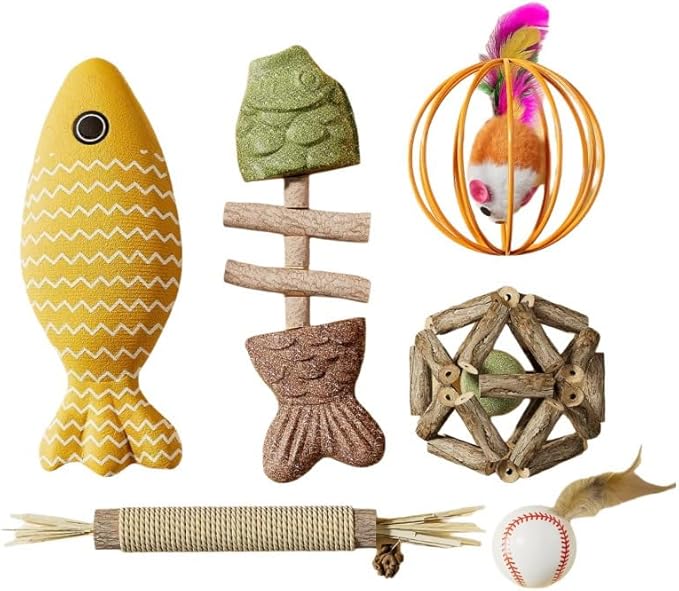 Interactive Cat Toy Set, 6-Piece Variety Pack with Plush Fish, Catnip Fish Skeleton, Feather Mouse Ball, Wood Puzzle Ball, Sisal Catnip Stick, Crinkle Baseball for Indoor Cats