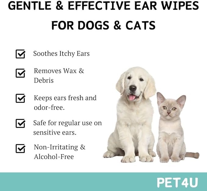 Gentle Ear Wipes for Dogs and Cats - 120 Wipes - Soothes Irritation, Removes Wax & Dirt - Safe for Sensitive Ears, with Aloe Vera & Castor Oil - Biodegradable & Flushable