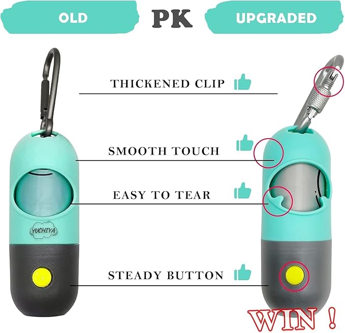 Dog Poop Waste Bags Holder with LED Flashlight|Cute Doggie Poo Bags Dispenser for Pet Leash|Trash Waste Bags Carrier with Potty Bags Clip Fastener LR44 Button Cells Included(2 Pack) (Mint Green)