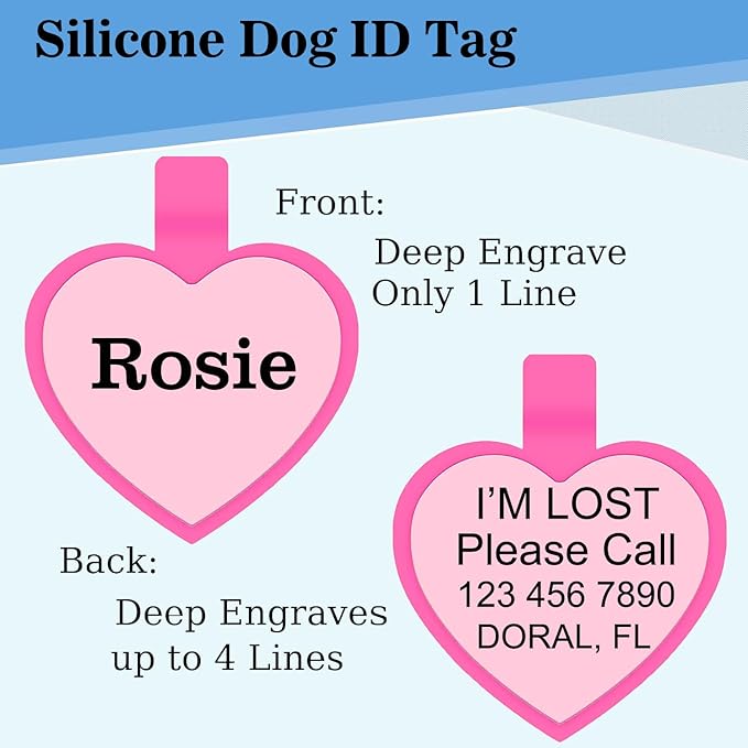 Silent Dog ID Tags, Personalized Engraved Silicone Dog and Cat Name Pet ID Tags, Lightweight and Waterproof, Soundless No More Jingling Tags(1 PCS, Heart)