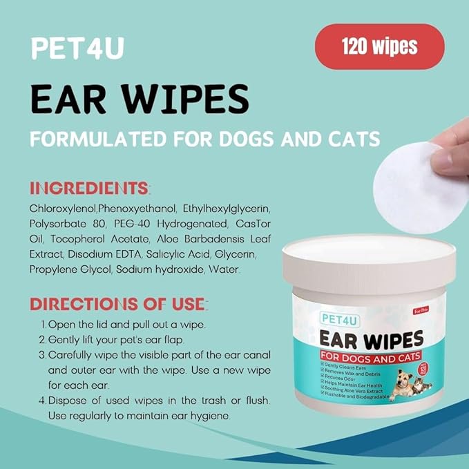 Gentle Ear Wipes for Dogs and Cats - 120 Wipes - Soothes Irritation, Removes Wax & Dirt - Safe for Sensitive Ears, with Aloe Vera & Castor Oil - Biodegradable & Flushable