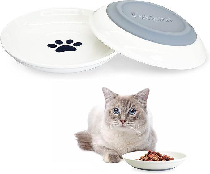 Fhiny 2PCS Cat Food Bowl,6" Ceramic Cat Dishes with Silicone Bottom Shallow Whisker Fatigue Kitten Plates Set for Indoor Cats Non-Slip Wide Kitten Pet Whisker Friendly Bowl for Wet Food Water (Claw)