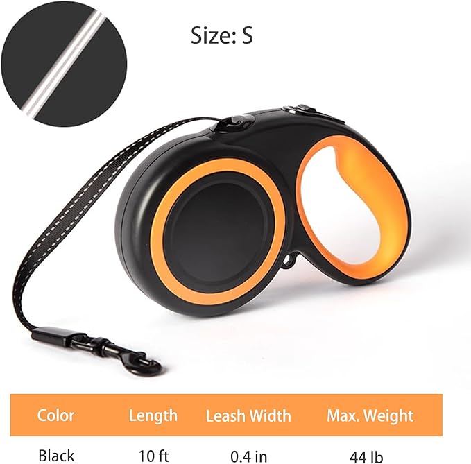 XCXQ 360° Tangle-Free Retractable Dog Leash, Heavy Duty Reflective Nylon Tape Lead 10 ft Long, up to 44lbs, One Touch Quick-Lock Braking System & Anti-Slip Handle (Black, Small)