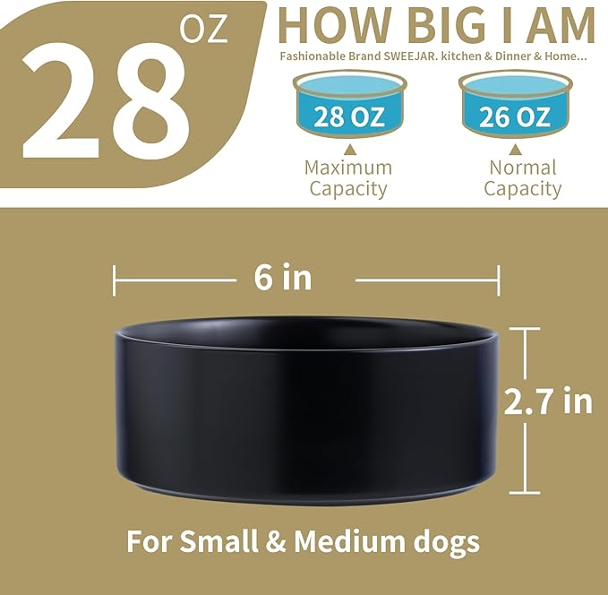 Black Elevated/Raised Dog Bowl Ceramic with Wood Stand for Small Medium Breed,Dog Food Water Dish Heavy, 6 in Non Slip Modern Cute Porcelain Pet Bowl