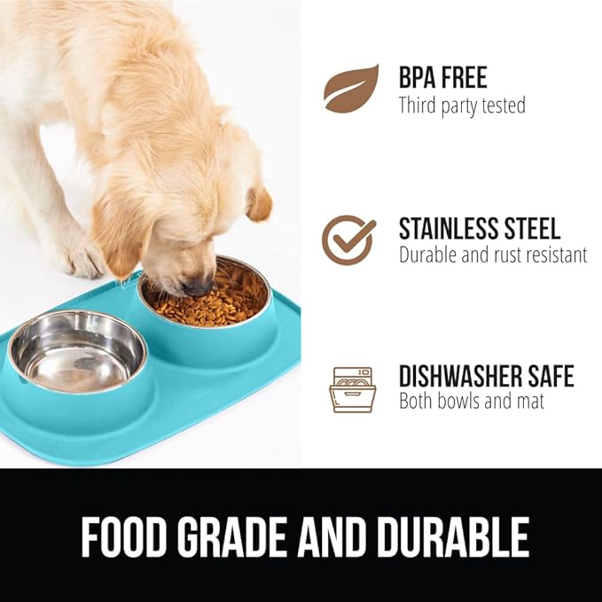 GORILLA GRIP Feeding Mat Set, Patent Pending 100% Waterproof BPA Free Silicone, Stainless Steel Cat and Dog Bowls, Slip Resistant, Edges Catch Water, Food, US Designed Pet Accessories, 1 Cup Turquoise