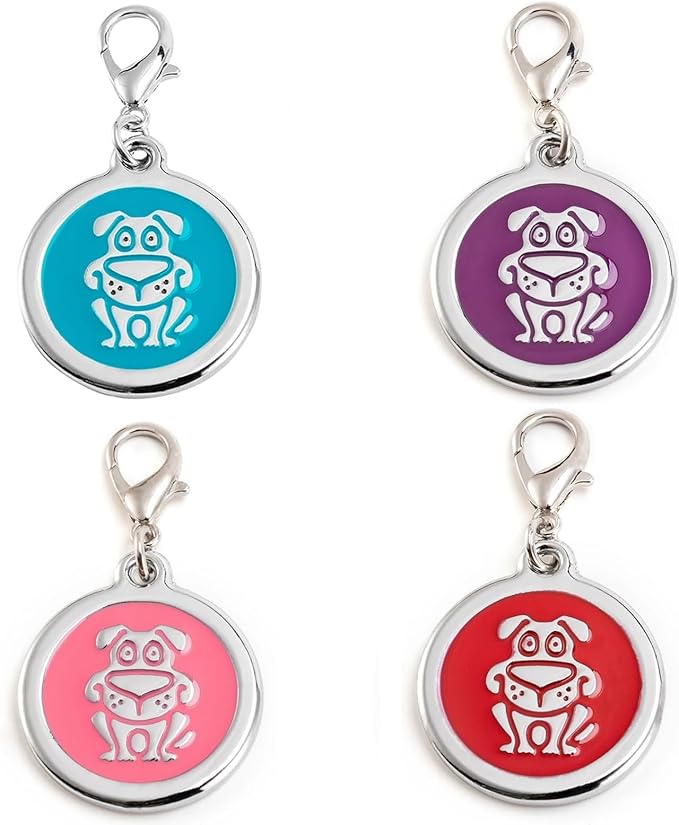 Personalized Funky Dog Design Pet ID Tags with Quick Tag Clip - Happy Puppy Name tag, Custom Laser Engraved pet Tags, Collar Name tag (Dog-Round-Small: Blue)