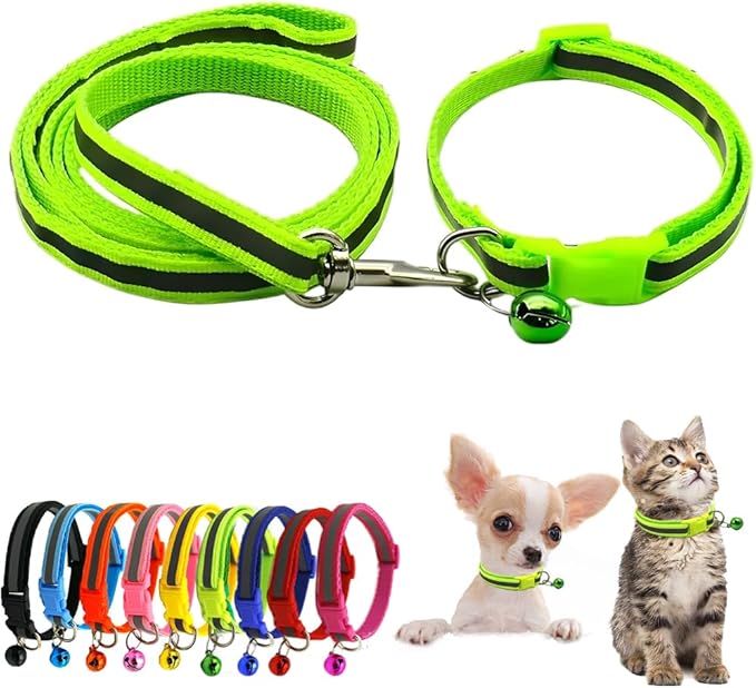Neon Green XS Dog Collar with Bell Leash Set, Soft Reflective Cat Collars Adjustable Buckle for XXS Extra Small Medium Tiny Female Male Boys Girls Pets Puppy Kitten Teacup Yorkie X-Small
