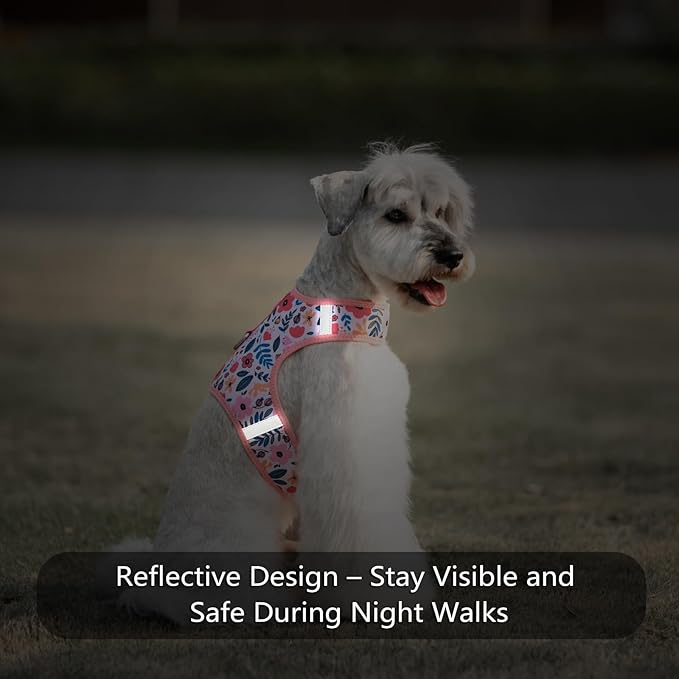 Dog Harness for Small Sized Dog,Hook-and-Loop Easy On/Off, Reflective Adjustable Soft Mesh Vest for Puppy (Pink Floral Print,L)
