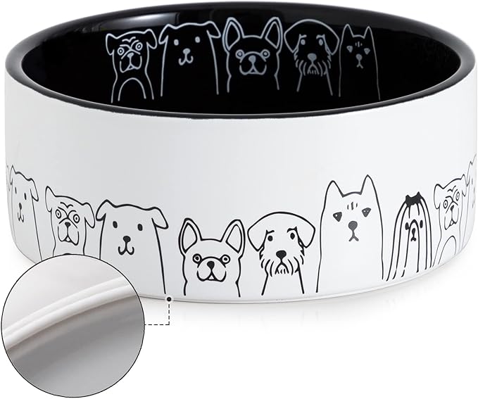 Fun Elements Ceramic Dog Bowls - Non-Slip, 16 Fl Oz Black Bowls with Adorable Dog Patterns (Small)