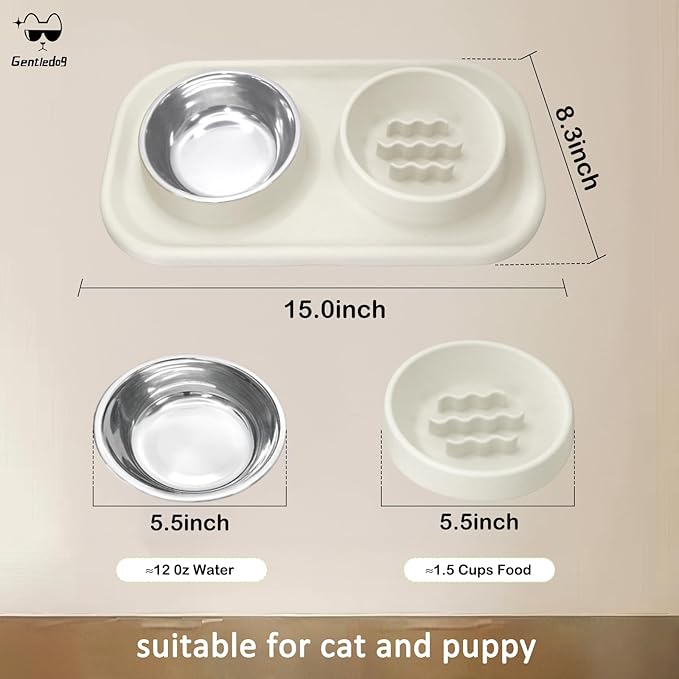 Gentledog Waterproof Silicone Cat Food Bowls, Stainless Steel & Silicone Slow Feeder Double Bowls, Non-Skid & Non-Spill Raised Edge, Food and Water Feeder for Cat and Puppy