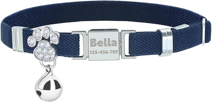 Personalized Safety Elastic Cat Collars with Bell,Laser Customized Stretch Kitten Collars for Girls Boys Cats-Navy Blue