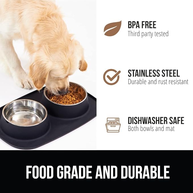 GORILLA GRIP Feeding Mat Set, Patent Pending 100% Waterproof BPA Free Silicone, Stainless Steel Cat and Dog Bowls, Slip Resistant, High Edges Catch Water Food, US Designed Pet Accessories, 2 Cup Black